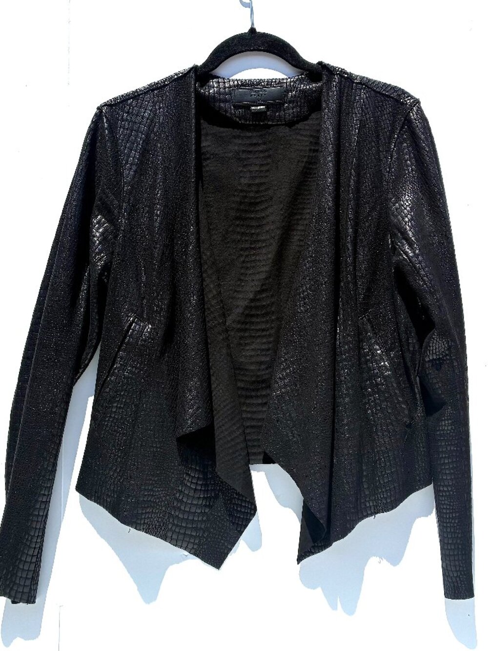 Women Blank NYC Iron Girl Croc-Embossed Faux Leather Drape Front Jacket Black L